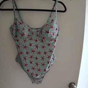 One Piece Mint Green Swimsuit with Pink Flowers